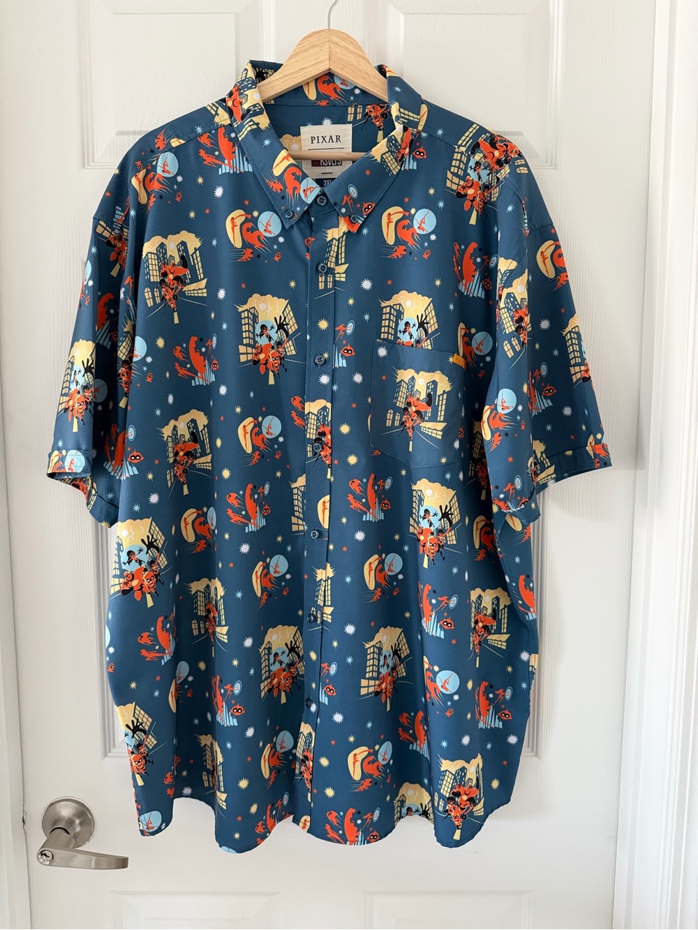 RSVLTS Teal Blue Short-Sleeve Button-Down with Orange & Cream Pixar Print